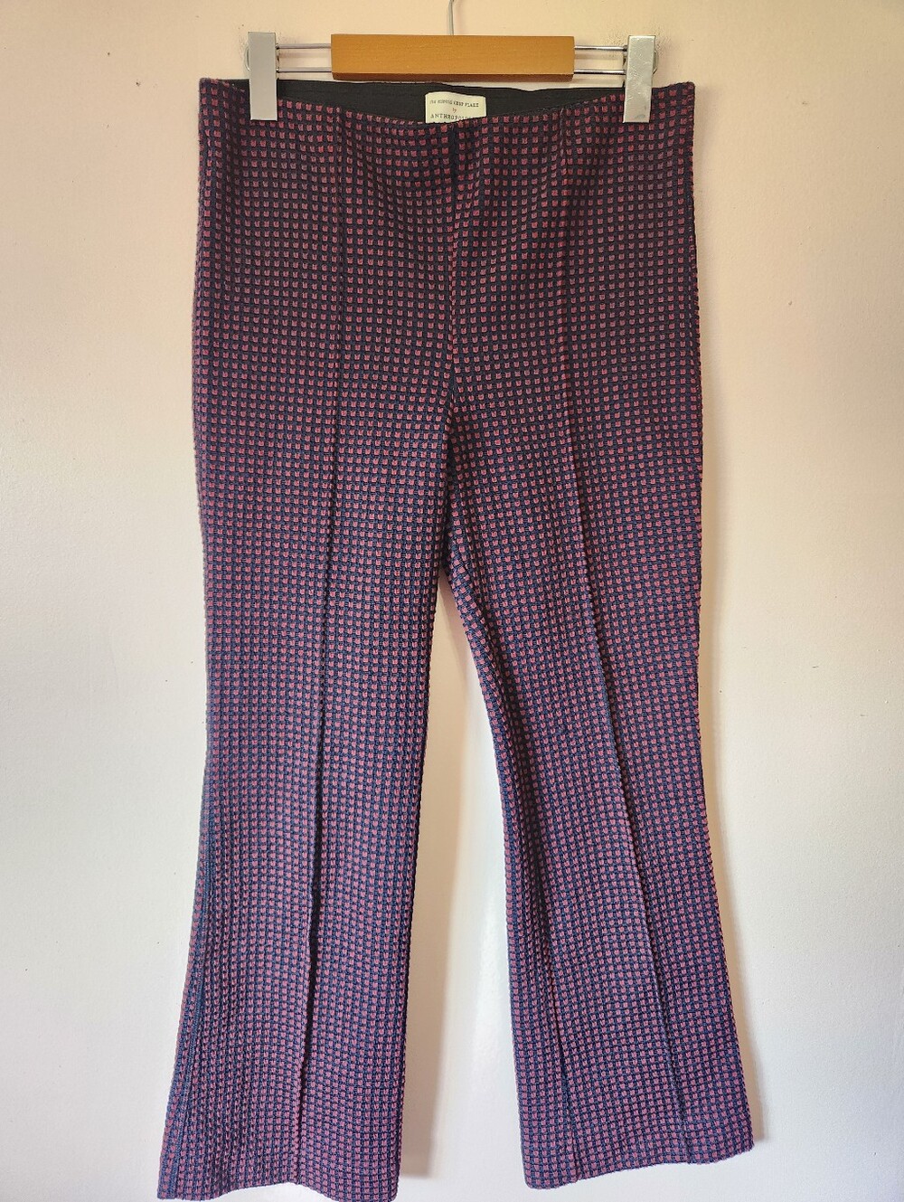 Anthropologie The Essential Crop Flare Textured Grid Pull On Pants Red Navy Sz S